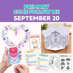 May include: A religious educational activity set featuring a heart-shaped game board, a Lamb of God card, a Celestial Room pop-up book, and various instructional cards with text. The materials include cut-out pictures and lesson guides for children.