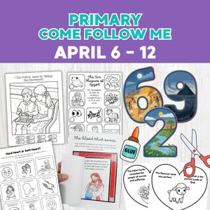 Può includere: Una raccolta di materiali didattici per il programma "Come Follow Me", tra cui pagine da colorare, schede di attività e numeri da ritagliare. I materiali sono a tema sugli insegnamenti religiosi e includono il testo "PRIMARY COME FOLLOW ME APRIL 6 - 12".