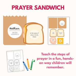 May include: A colorful illustration of a "Prayer Sandwich" concept for children. The image includes a sandwich, a brown paper bag, and a sheet with sandwich components. Text includes "Prayer Sandwich" and "Teach the steps of prayer."