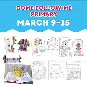 Puede incluir: Un conjunto de hojas de actividades ilustradas con el texto "COME FOLLOW ME PRIMARY MARCH 9-15". Incluye páginas para colorear, una muñeca de papel y un rompecabezas en forma de corazón, todos con temas religiosos.