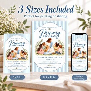 Peut inclure: Un ensemble d'invitations num&eacute;riques avec un fond ray&eacute; bleu clair et une illustration centrale d'une figure avec des enfants. Le texte indique "Primary Program", "Sunday, October 12th, 2026", "10:00 AM", "Lakewood 2nd Ward" et "All are welcome!" en formats 5x7 et 8,5x11.