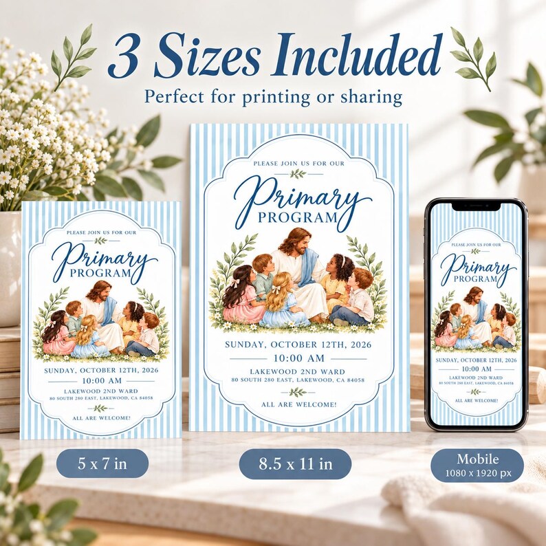 Peut inclure: Un ensemble d'invitations num&eacute;riques avec un fond ray&eacute; bleu clair et une illustration centrale d'une figure avec des enfants. Le texte indique "Primary Program", "Sunday, October 12th, 2026", "10:00 AM", "Lakewood 2nd Ward" et "All are welcome!" en formats 5x7 et 8,5x11.