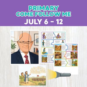 May include: A digital educational resource titled PRIMARY COME FOLLOW ME JULY 6 - 12. It features a puzzle of a man in a suit, a set of illustrated story cards with text about biblical narratives, and a graphic of a flashlight illuminating a scene.