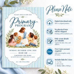 Peut inclure: Un mod&egrave;le d'invitation num&eacute;rique pour un programme primaire avec une bordure &agrave; rayures bleu clair et une illustration centrale d'une figure avec des enfants. Le texte inclut Primary Program, Sunday, October 12th, 2026, 10:00 AM.