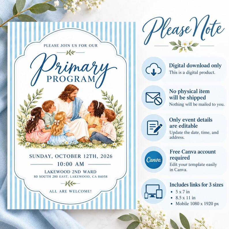 Peut inclure: Un mod&egrave;le d'invitation num&eacute;rique pour un programme primaire avec une bordure &agrave; rayures bleu clair et une illustration centrale d'une figure avec des enfants. Le texte inclut Primary Program, Sunday, October 12th, 2026, 10:00 AM.