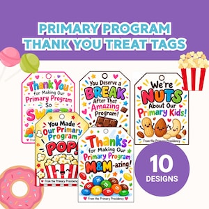 Peut inclure: Cinq étiquettes cadeaux rectangulaires avec des sommets arrondis et des trous de perforation, présentant du texte coloré et des illustrations de pop-corn, de chocolat et de noix. Les étiquettes incluent des phrases comme Thank You for Making Our Primary Program So SWEET.