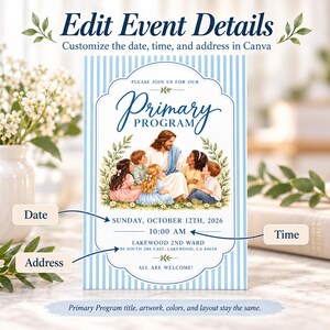 Peut inclure: Une carte d'invitation &agrave; rayures bleu clair et blanches avec une illustration de J&eacute;sus entour&eacute; d'enfants. Le texte indique : Edit Event Details, Primary Program, Sunday, October 12th, 2026, 10:00 AM, Lakewood 2nd Ward, 80 South 280 East, Lakewood, CA 84058, All Are Welcome.