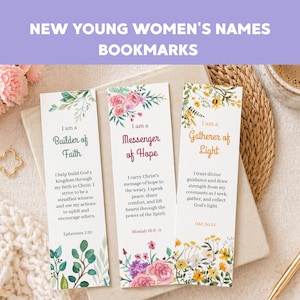May include: Three bookmarks with floral designs and inspirational messages. The bookmarks read "Builder of Faith," "Messenger of Hope," and "Gatherer of Light." Each bookmark has a different floral border and text from the Bible.