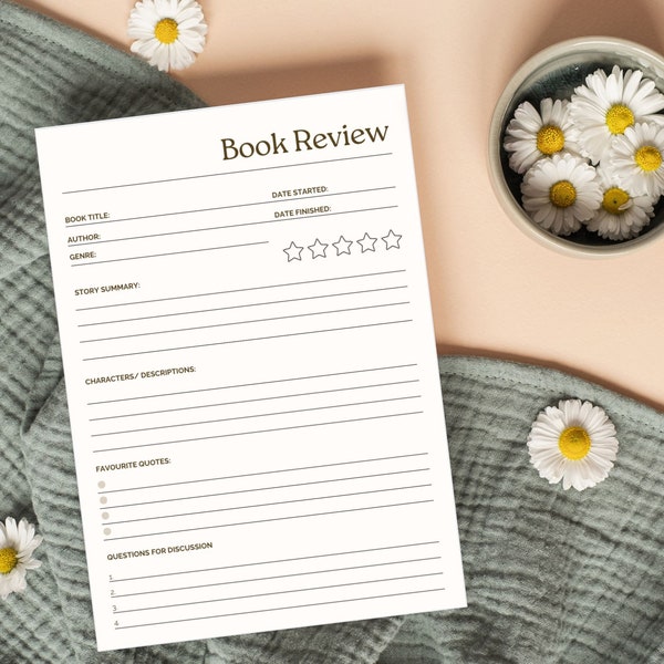 Book Review Printable A4 Template Book Club Companion Colour and Black and White Versions Digital Download