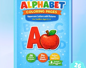 Kinder Alphabet Ausmalbilder – Großbuchstaben, Bilder (PDF-Druck)