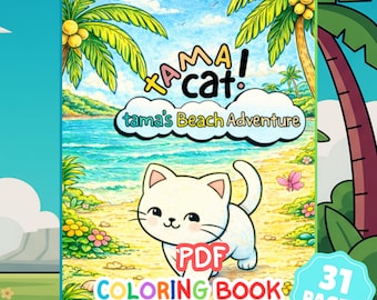Tama Cat Beach Day Malbuch – Beruhigende Meeresszenen (31 Seiten) (PDF Download)