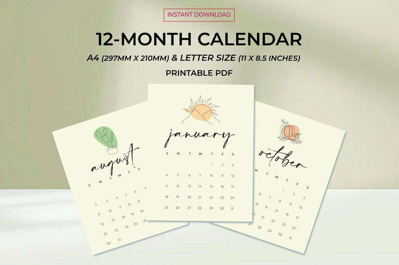 Line Art 2026 Calendar – Hand Drawn Monthly Printable With Soft Neutral ...