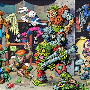 Pode incluir: Uma ilustração colorida de um grupo de personagens de desenhos animados, incluindo um monstro verde com uma arma, uma criatura roxa com o cérebro exposto, um coelho azul e branco, um jacaré verde e uma mulher com um macacão amarelo. Os personagens estão lutando em um beco da cidade.