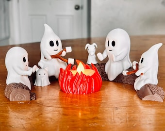 Ghost Family Campfire Gathering | Spooky Halloween Decor | Cute Ghost Figurine Set with Kids & Pets | Campfire Display | Haunted Ghost Scene