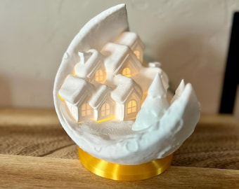 Winter Village Scene on the Moon – Table Lamp | 3D Printed | Flameless Tea Light Included