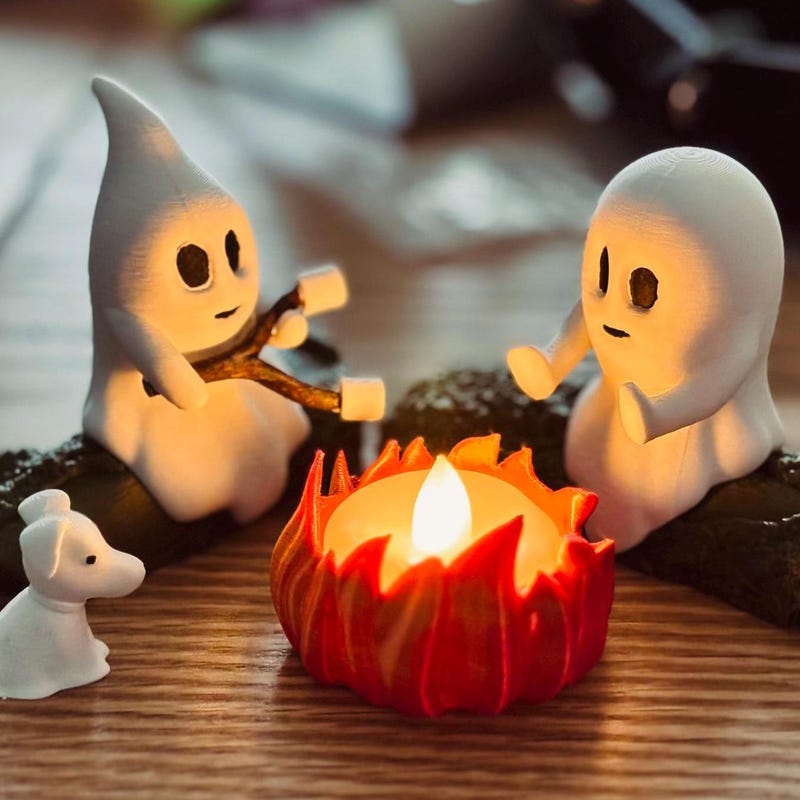 Ghost Campfire Gathering | Spooky Halloween Decor | Cute Ghost Figurine Set | Campfire Display | Haunted Ghost Scene | Ghost adventures