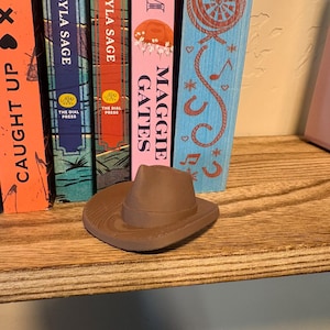 May include: A small, brown, moulded cowboy hat figurine with a visible wood grain texture on the brim. The hat is positioned in front of a row of books, including titles by Lyla Sage and Maggie Gates, with spines featuring orange, blue, red, and pink colours.