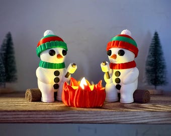 Snowman Campfire Decor Set, Roasting Marshmallows Snowmen with LED Fire, Winter Shelf Decor, Holiday Display