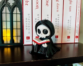 Grim Reaper Reading Bookshelf Decor - Reading Reaper Figurine, Spooky Skeleton with Book, Gothic Halloween Gift, 3D Printed Shelf Accent