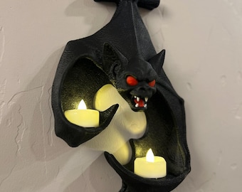 Vampire Bat LED Tealight Holder Wall-Mounted – Gothic Halloween Decor – Holds 2 LED Candles
