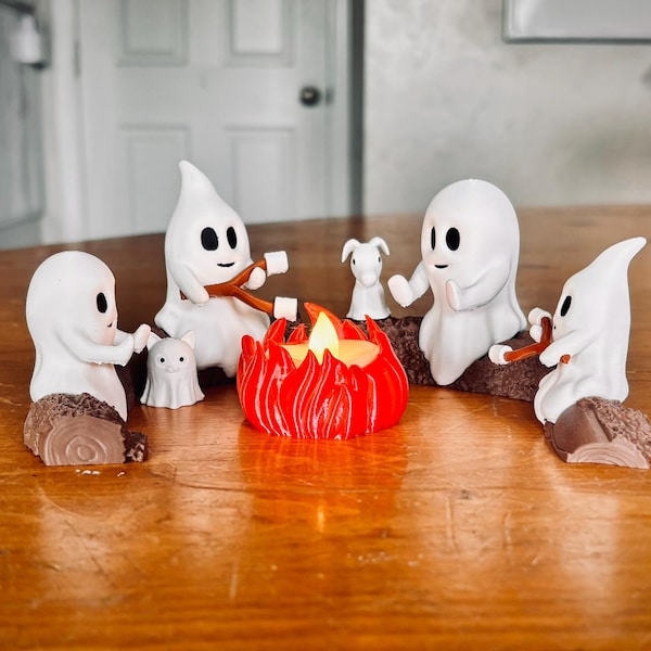 Ghost Family Campfire Gathering | Spooky Halloween Decor | Cute Ghost Figurine Set with Kids & Pets | Campfire Display | Haunted Ghost Scene