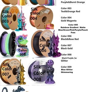 K&ouml;nnte beinhalten: Darstellung von Spulen mit Seidenfarben-3D-Druckfilament. Jede Spule wird mit einem 3D-gedruckten Modell in passenden Farben kombiniert, darunter Burgen und Drachen. Die Farben reichen von Gold bis Lila.