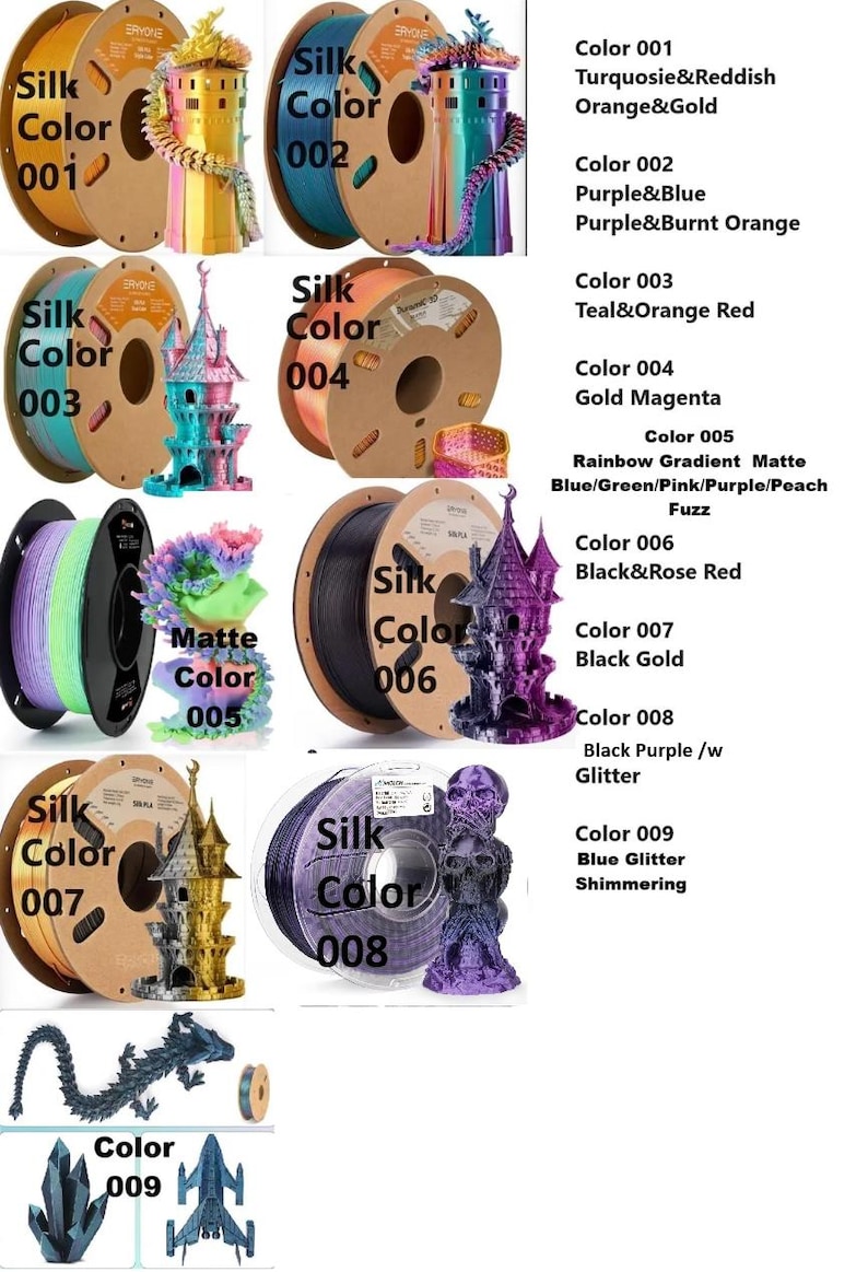 K&ouml;nnte beinhalten: Darstellung von Spulen mit Seidenfarben-3D-Druckfilament. Jede Spule wird mit einem 3D-gedruckten Modell in passenden Farben kombiniert, darunter Burgen und Drachen. Die Farben reichen von Gold bis Lila.