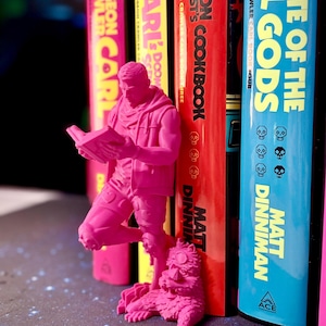 May include: A vibrant pink figurine of a person reading a book, with a cat figurine at their feet, positioned in front of a row of colorful books. The books have titles like "Dungeon Crawler" and "The Gate of the Eternal Gods."