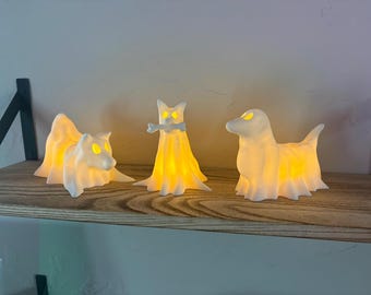Ghost Dogs Figurine Set, Cute Ghost Pet Light, Halloween Dog Decor