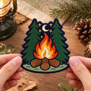 Parche bordado de fogata, insignia de camping al aire libre con cierre de velcro para mochilas, gorras, chaquetas, equipo de senderismo, scouts y regalos para amantes de la aventura.