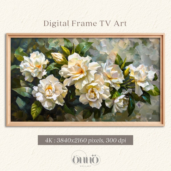 Samsung Frame TV Art | creamy white gardenias | Wildflowers Painting | Spring | Botanical | Screensaver Art for Frame Tv | 4K resolution
