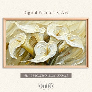 Könnte beinhalten: Ein digitales Gemälde von weißen Calla-Lilien mit einem strukturierten Hintergrund. Das Bild ist 3840x2160 Pixel groß und hat 300 dpi. Der Text "Önüö Wallart" befindet sich am unteren Rand des Bildes.