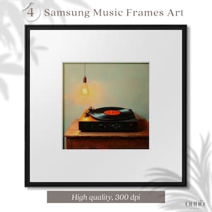 Puede incluir: Un tocadiscos negro con un disco de vinilo rojo sobre una mesa de madera con una bombilla colgando encima. El fondo es de color azul claro.