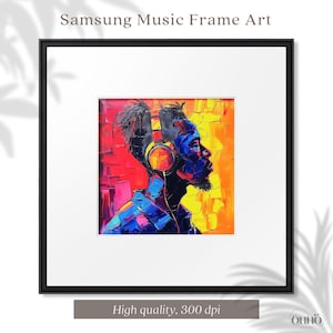 Puede incluir: Una impresión de arte digital de una persona con auriculares, sobre un fondo abstracto colorido. La persona está de perfil, y el fondo es una mezcla de rojo, naranja, amarillo y azul.