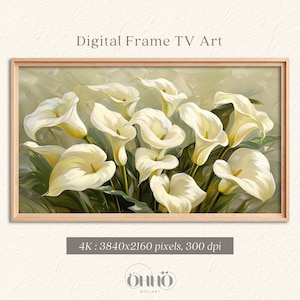 Könnte beinhalten: Ein digitales Gemälde eines Straußes weißer Calla-Lilien mit grünen Blättern vor einem hellgrünen Hintergrund. Das Bild ist 3840x2160 Pixel groß und hat 300 dpi.