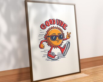 Good Vibe Sun Retro Charakter Wandkunst, Groovy Sun Poster, digitaler Download, Retro Charakter Druck, druckbare Kunst Retro, Illustrationskunst