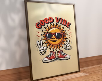 Good Vibe Sun Retro Charakter Wandkunst, Groovy Sun Poster, digitaler Download, Retro Charakter Druck, druckbare Kunst Retro, Illustrationskunst