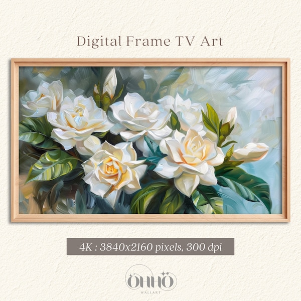 Samsung Frame TV Art | Wildflowers Painting | creamy white gardenias | Spring | Botanical | Screensaver Art for Frame Tv | 4K resolution