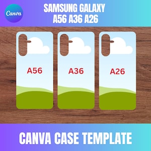 Puede incluir: Tres plantillas de fundas para teléfonos Samsung Galaxy A56, A36 y A26. Cada funda presenta un diseño de cielo y paisaje con el número de modelo en rojo. El logotipo de Canva está en la esquina superior izquierda y las palabras "Canva Case Template" en la parte inferior.