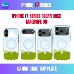 May include: Four clear iPhone 17 series cases with MagSafe. Each case has a different camera design and a landscape graphic with a blue sky, white cloud, and green hills. The text "IPHONE 17 SERIES CLEAR CASE MAGSAFE ON" is displayed.