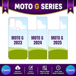 May include: A digital template for Moto G series phone cases featuring three vertical layouts labeled Moto G 2023, 2024, and 2025. The design displays a light blue sky with white clouds and a green grassy field background, with Canva branding icons at the bottom.