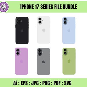 Puede incluir: Un paquete de archivos digitales que presenta seis diseños de teléfonos iPhone 17 series en negro, blanco, azul claro, lavanda, gris y verde. La imagen incluye el texto "iPhone 17 Series File Bundle" y abreviaturas de tipos de archivo.