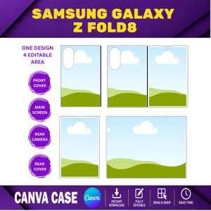 May include: A digital template for a Samsung Galaxy Z Fold8 case featuring four editable areas including front cover, main screen, rear camera, and rear cover. The design displays a landscape graphic with a blue sky, white clouds, and green hills.