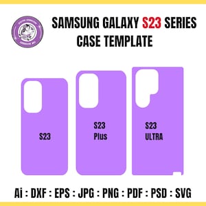 Puede incluir: Una plantilla para fundas de teléfono de la serie Samsung Galaxy S23. La imagen muestra tres contornos de fundas de teléfono moradas etiquetadas S23, S23 Plus y S23 Ultra. El texto "SAMSUNG GALAXY S23 SERIES CASE TEMPLATE" está en la parte superior.
