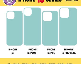 May include: Four different iPhone 15 series phone case outlines in a light blue color. The outlines are labeled "iPhone 15", "iPhone 15 Plus", "iPhone 15 Pro", and "iPhone 15 Pro Max".