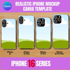 Puede incluir: Cuatro maquetas de iPhone con un fondo de cielo azul, nubes blancas y hierba verde. Los teléfonos están etiquetados como iPhone 16, iPhone 16 Plus, iPhone 16 Pro e iPhone 16 Pro Max.