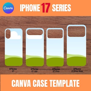 May include: An image showcasing four phone case templates for the iPhone 17 series. Each case design features a landscape scene with a blue sky, white cloud, and green hills. The text "iPhone 17 Series" and "Canva Case Template" are displayed.