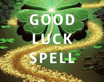 May include: A four-leaf clover with a golden sparkle trail behind it. The text "GOOD LUCK SPELL" is written below the clover.