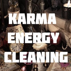 May include: An assortment of mystical items, including glass bottles, a pocket watch, candles, and tarot cards. The image features the text "KARMA ENERGY CLEANING" in large white letters, suggesting a theme of spiritual cleansing and energy work.