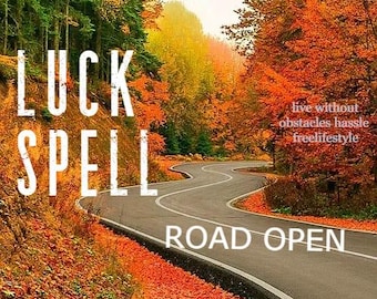 Puede incluir: Una carretera sinuosa a través de un bosque con vibrante follaje otoñal. La imagen presenta el texto "LUCK SPELL ROAD OPEN" y "live without obstacles hassle freelifestyle". La escena está llena de colores cálidos.